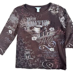 Vintage Y2K Printed Coffee Crewneck T-Shirt Top Brown Embellished Size Medium